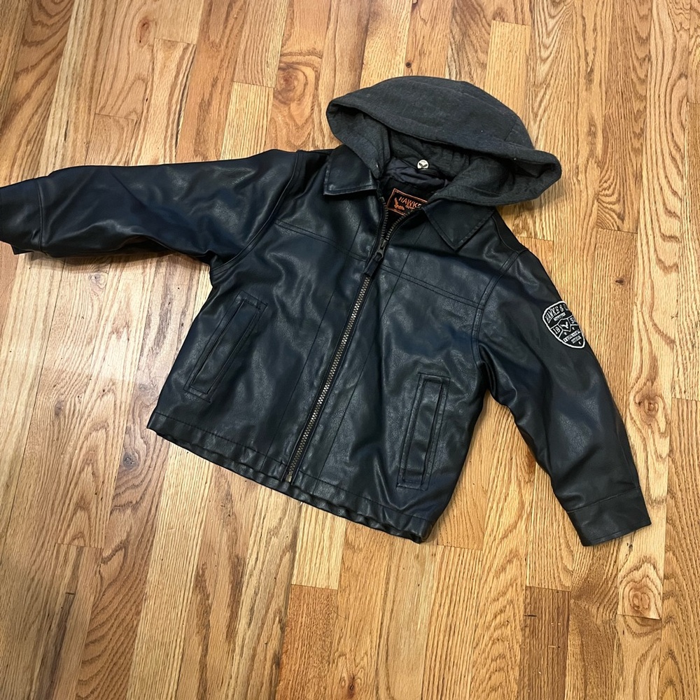 Hawke & Co Kids Black Faux Leather Moto Bomber Jacket with Removable Hood Size 4